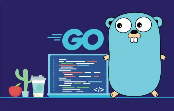 Golang Gopher mascot next to a screen with code on it
